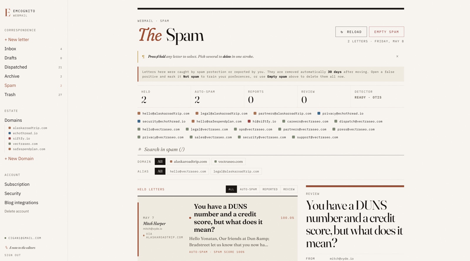 Spam review screen showing held messages, domain filters, and a detailed spam review pane.
